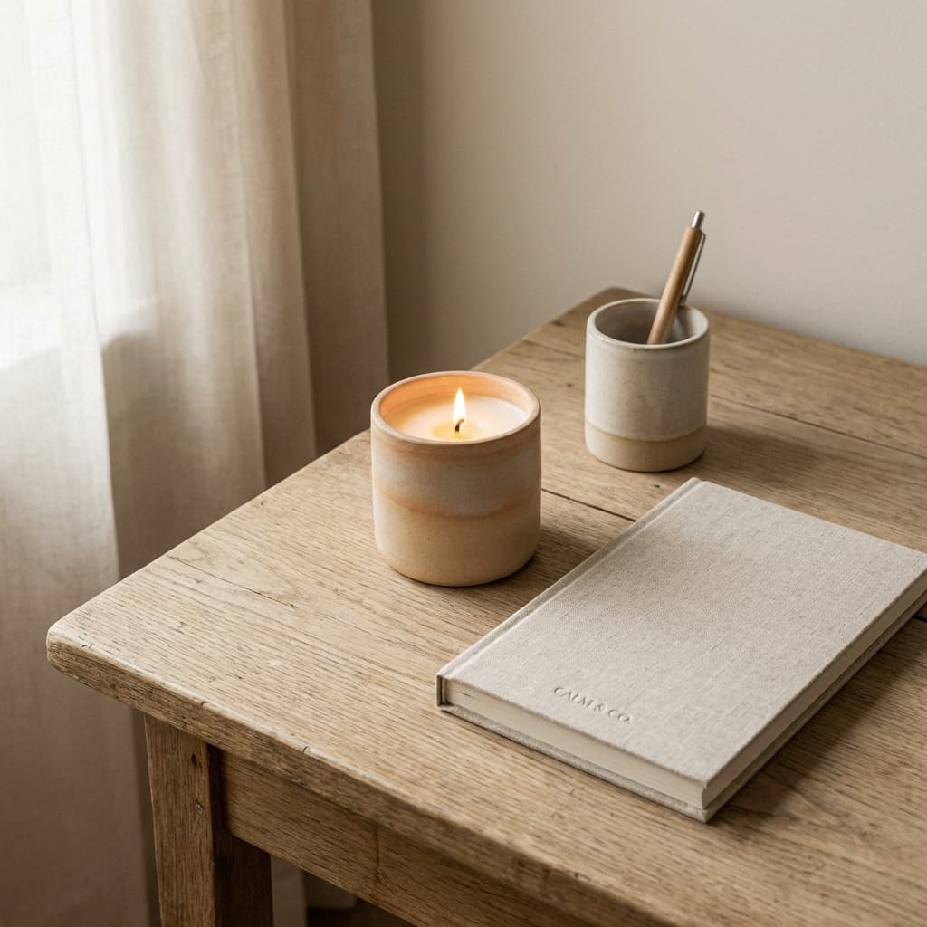 Artisan workspace with a glowing candle